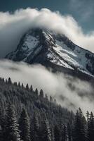 uma montanha coberto dentro neve e árvores foto