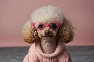 uma poodle vestindo Rosa óculos e uma suéter foto