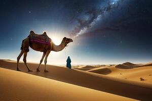 uma camelo e mulher dentro a deserto às noite foto