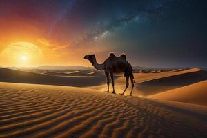 uma deserto cena com areia dunas e uma Sol configuração foto