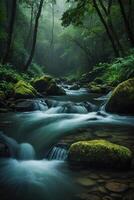 natural panorama com uma rio e corredeiras contra uma floresta fundo foto