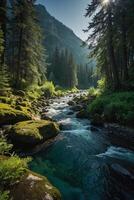 natural panorama com uma rio e corredeiras contra uma floresta fundo foto