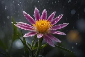 flor é dentro a chuva com gotas do água foto