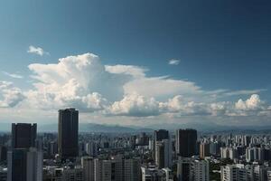 uma cidade Horizonte com alta edifícios e nuvens foto