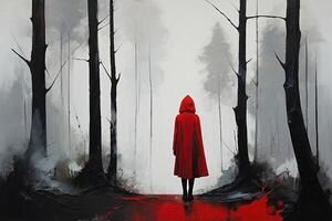 uma pintura do uma vermelho encapuzado mulher caminhando através uma floresta foto