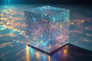 uma cubo com brilhar em isto sentado em a terra foto