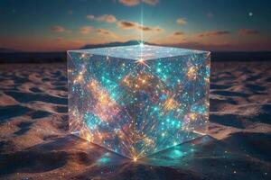 uma cubo com brilhar em isto sentado em a terra foto