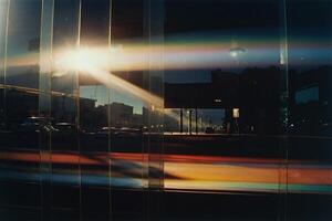 uma fotografia do uma cidade rua com uma Sol brilhando através a janela foto