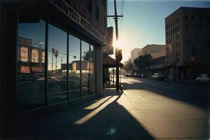 uma Visão do a pôr do sol a partir de uma rua dentro centro da cidade los angeles foto