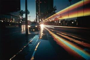 uma poça do água em a estrada com uma reflexão do a Sol foto