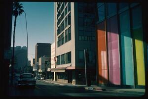 uma vintage foto do uma rua com edifícios e uma carro