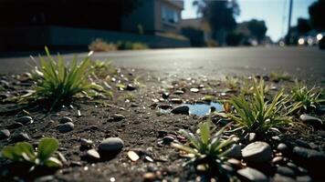 uma poça do água e Relva dentro a meio do uma rua foto