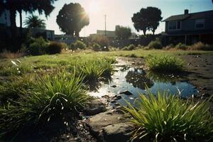 uma gramíneo área com água e pedras foto