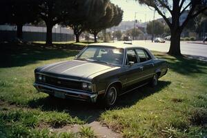 a velho carro estacionado em a Relva dentro frente do uma parque foto