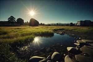 uma gramíneo área com água e pedras foto