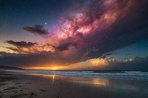 uma colorida tormentoso céu sobre a oceano e areia foto