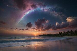 uma colorida tormentoso céu sobre a oceano e areia foto