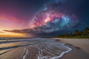 uma colorida tormentoso céu sobre a oceano e areia foto