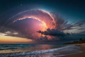 uma colorida tempestade é visto sobre a oceano foto