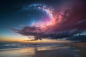 uma colorida tempestade é visto sobre a oceano foto