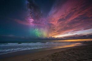 uma colorida tempestade é visto sobre a oceano foto