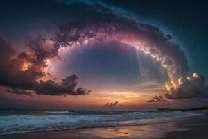 uma colorida pôr do sol sobre a oceano e de praia foto