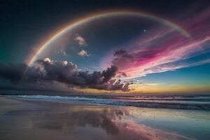 uma arco Iris e nuvens estão visto sobre a oceano foto