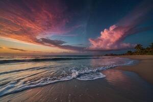 uma arco Iris e nuvens estão visto sobre a oceano foto