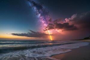 uma arco Iris e nuvens estão visto sobre a oceano foto