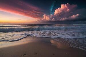uma colorida nuvem é visto sobre a oceano foto