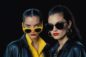 ai gerado dois mulheres vestindo amarelo oculos de sol e Preto jaquetas foto