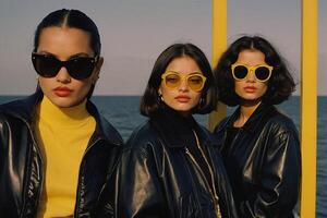 ai gerado três mulheres vestindo amarelo oculos de sol em pé dentro uma campo foto