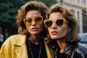 ai gerado dois mulheres vestindo amarelo oculos de sol em pé Próximo para cada de outros foto