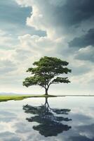 ai gerado uma solitário árvore é refletido dentro uma lago foto