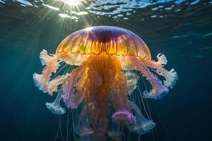 ai gerado medusa dentro a oceano com luz solar brilhando em isto foto