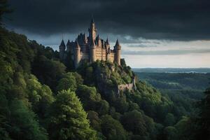 ai gerado a castelo é aceso acima às noite dentro a floresta foto