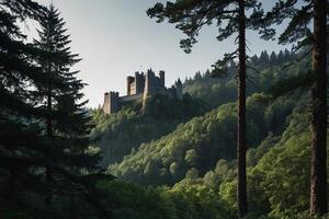 ai gerado a castelo é cercado de árvores e arbustos foto