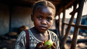 pequeno Preto menina com maçã, pobreza conceito foto
