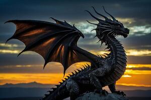 uma Preto Dragão é sentado em uma Rocha às pôr do sol foto
