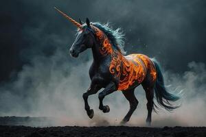 uma cavalo com chamas em Está costas corrida dentro a Sombrio foto