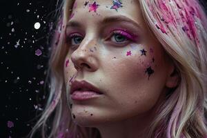 uma mulher com Rosa cabelo e estrelas em dela face foto