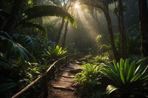 uma caminho através a selva com luz solar brilhando baixa foto