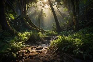 uma corrente corre através uma exuberante selva foto