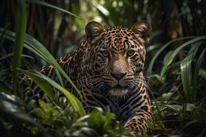 uma jaguar é sentado dentro a Relva e olhando às a Câmera foto