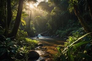 a Sol sobe sobre a montanhas dentro a floresta tropical foto