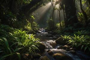 uma corrente corre através uma exuberante selva foto