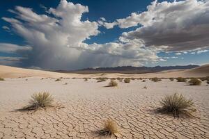 uma deserto com areia dunas e nuvens às pôr do sol foto