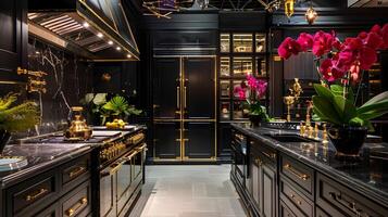 luxuoso moderno Preto e ouro gourmet cozinha com mármore bancadas, high-end eletrodomésticos, e elegante decoração dentro de luxo residencial interior Projeto foto