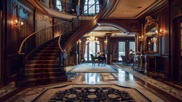 luxuoso mármore vestíbulo com ornamentado de madeira Escadaria e espumante lustres dentro elegante mansão foto