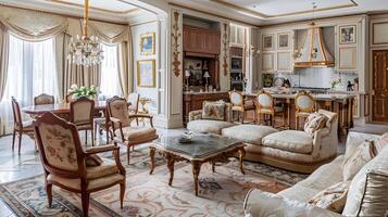 luxuoso e refinado interiores do uma imponente histórico mansão casa com elegante mobília e decoração foto